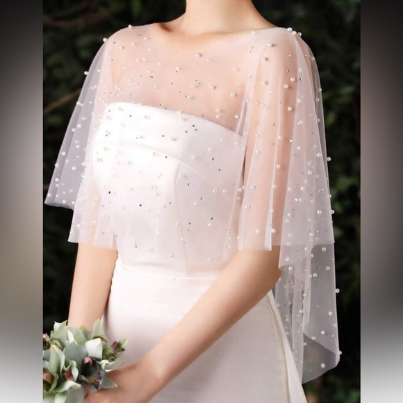 Silver and White Beaded Wedding Shawl, Faux Pearl Bridal Shawl - Picture 1 of 5
